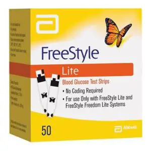 A box of freestyle lite blood glucose test strips.