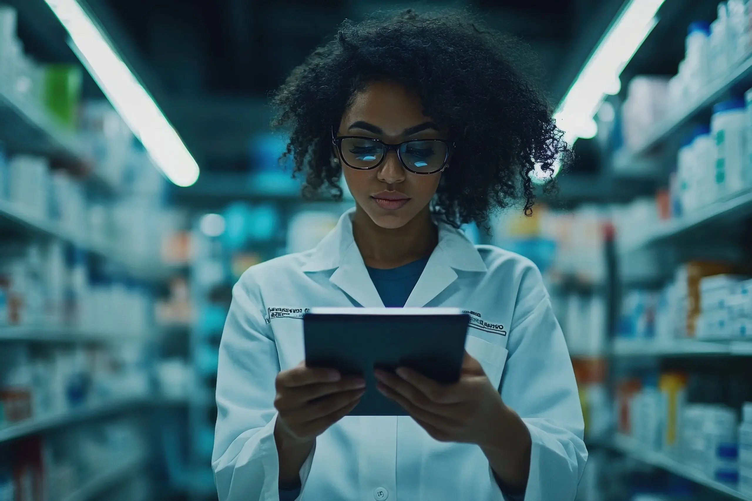 Pharmacist reading tablet in pharmacy aisle.